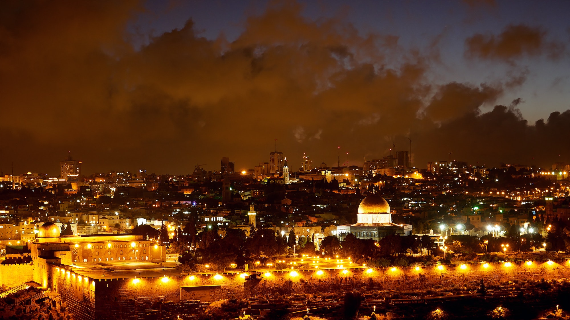 Bright Jerusalem city lights over Dome of the Rock, Al Aqsa and Temple Mount