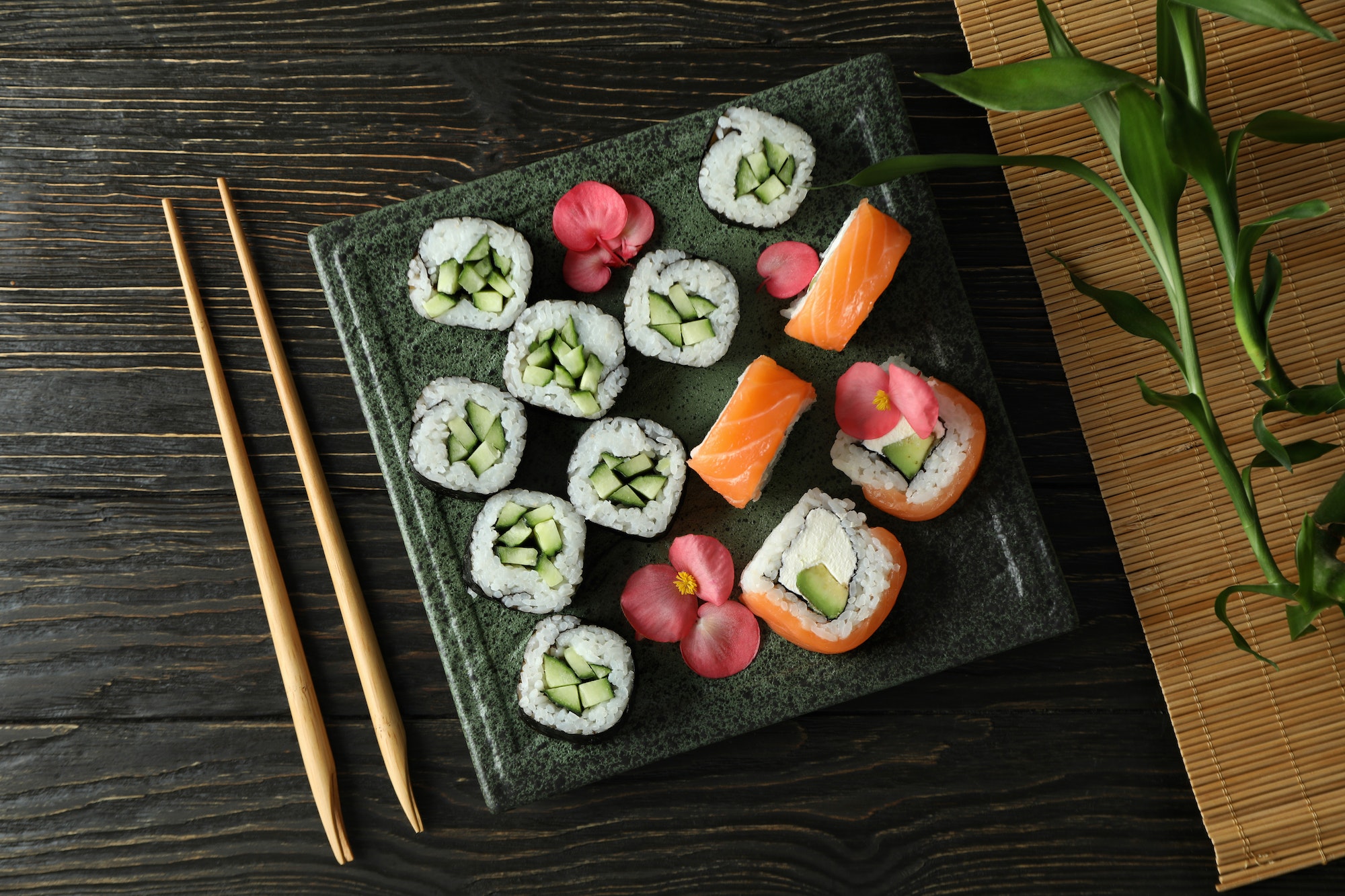 Concept of tasty food with sushi, top view